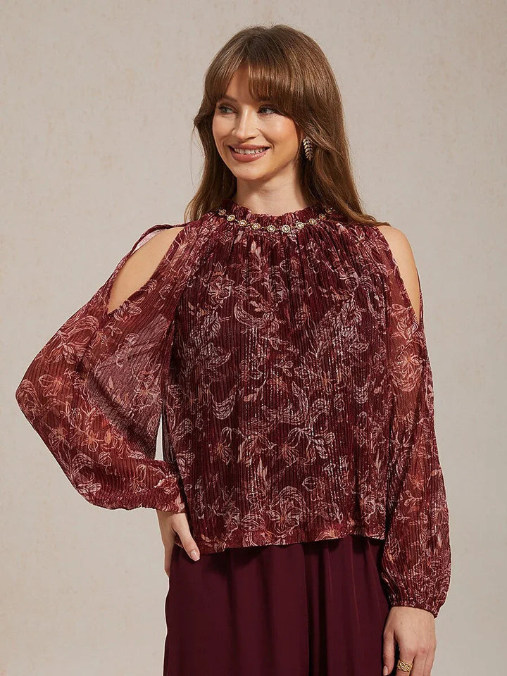 Chiffonblouse Met Ruches, Open Schouders En Metallicdetail