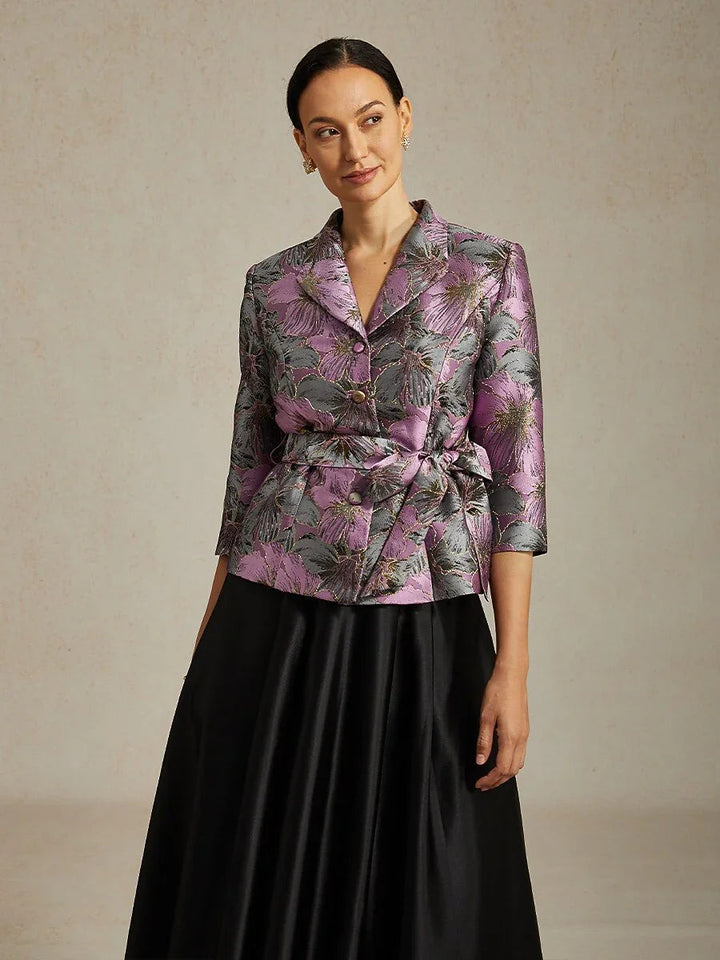 3/4-Sleeve Floral Jacquard Blouse with Tie Belt