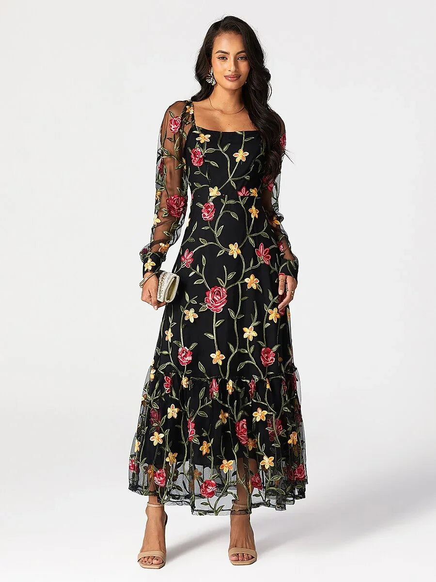 Floral Embroidery Mesh Square Neck Maxi Dress