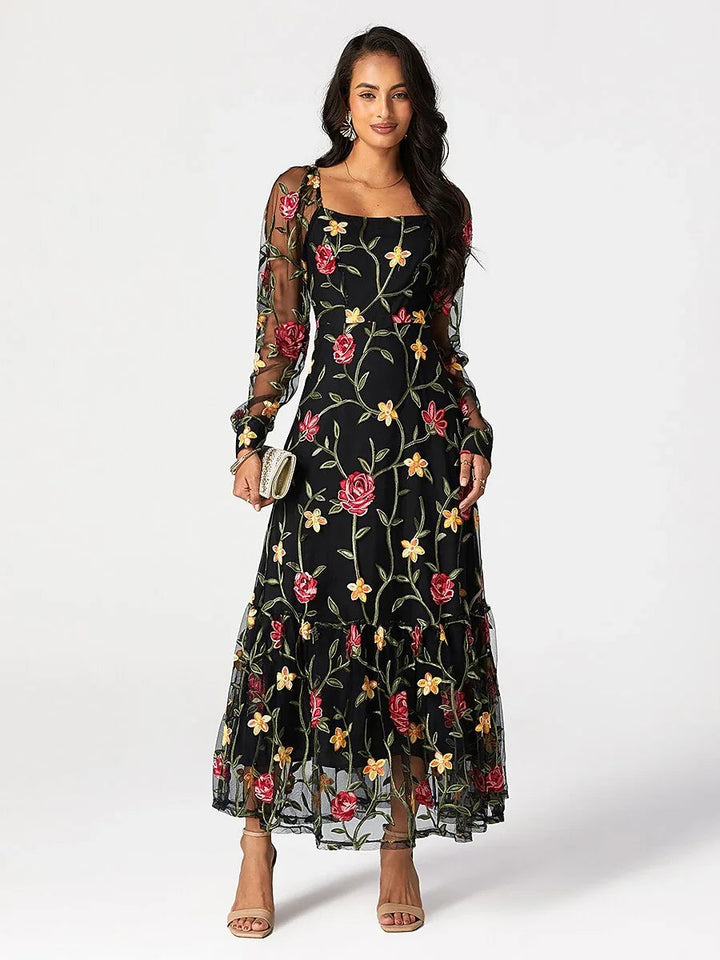 Floral Embroidery Mesh Square Neck Maxi Dress