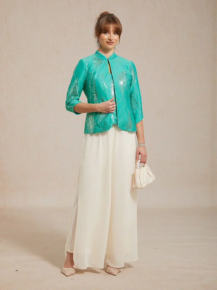 Elegant Twinset Met Mandarijnkraag En Pailletten