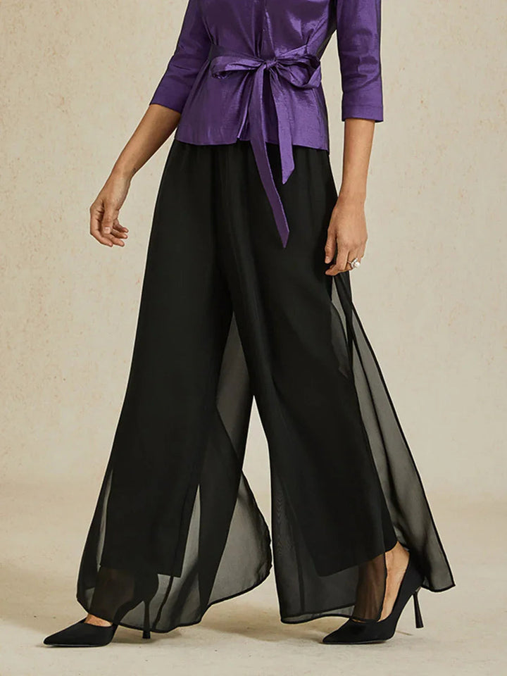 Rechte broek met chiffon split been overlay