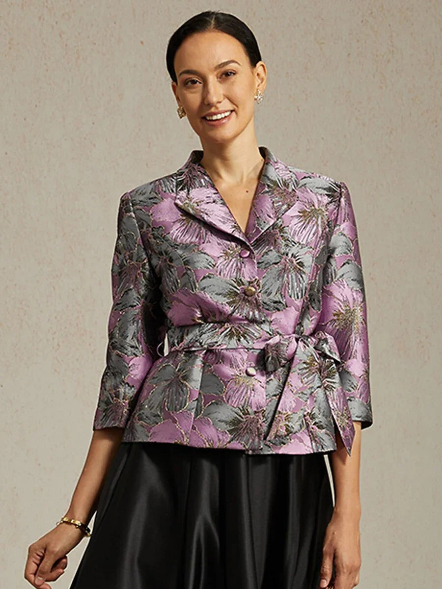 3/4-Sleeve Floral Jacquard Blouse with Tie Belt
