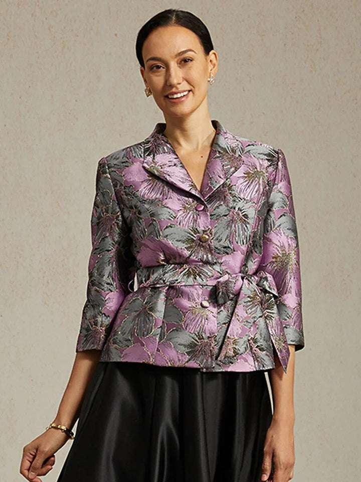 3/4-Sleeve Floral Jacquard Blouse with Tie Belt