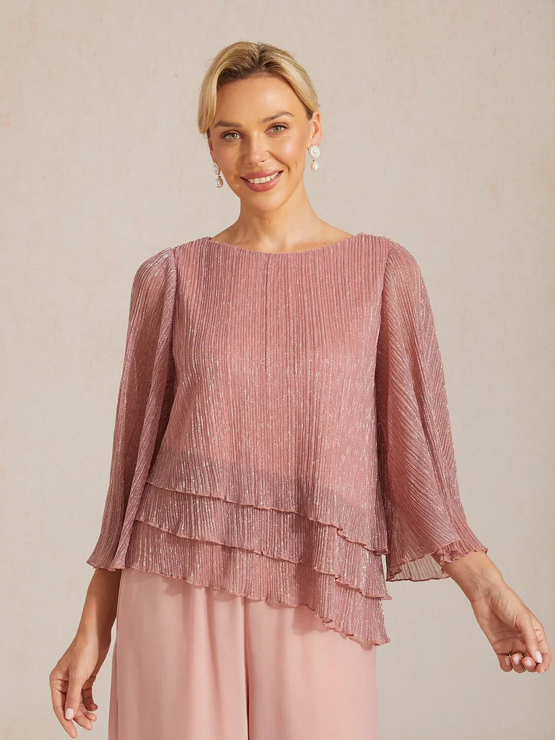 Metallische Geplooide Chiffon Asymmetrische Gelaagde Blouse