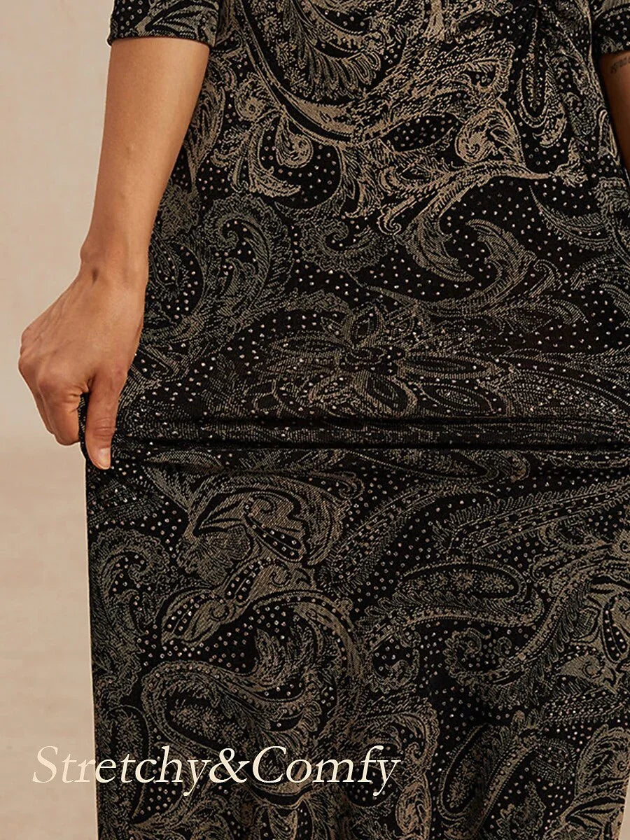 Paisley V-Hals A-Lijn Gebreide Jurk met Taille-Twist