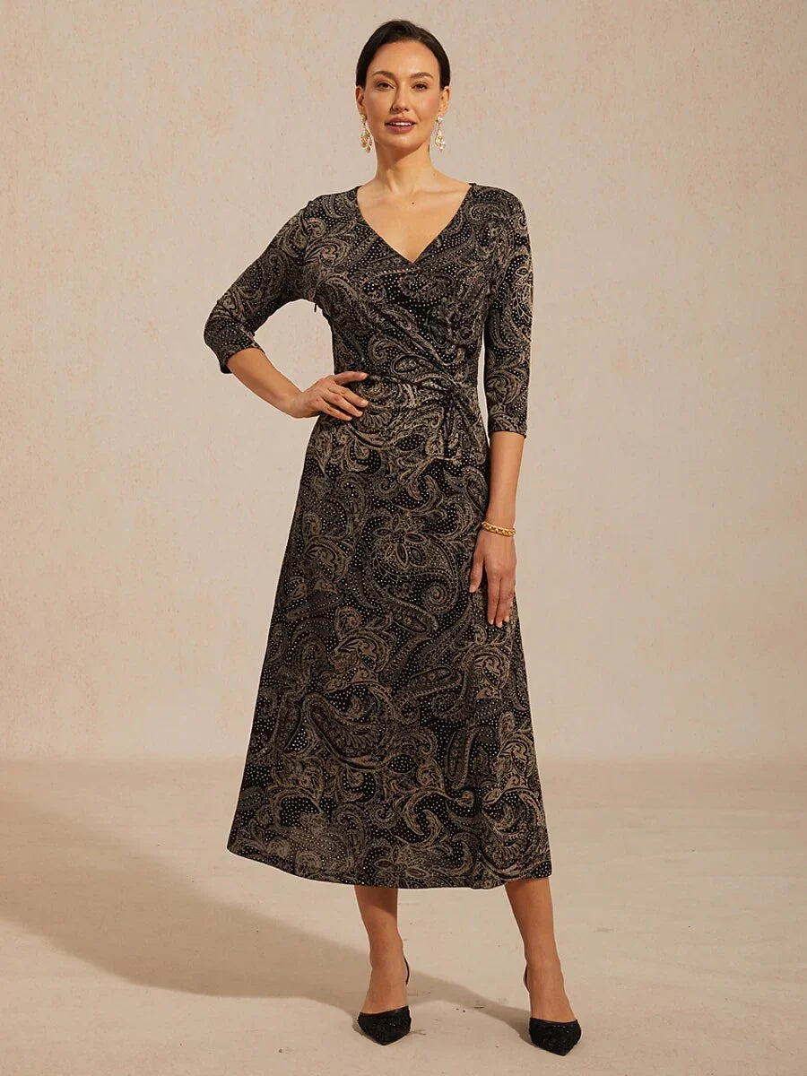 Paisley V-Hals A-Lijn Gebreide Jurk met Taille-Twist