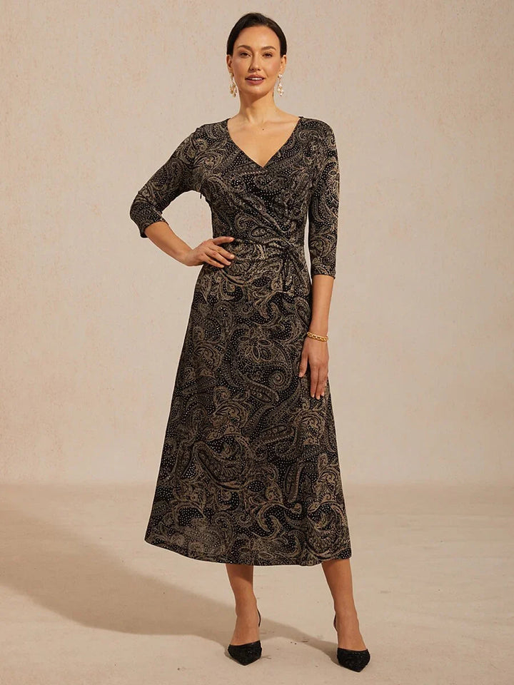 Paisley V-Hals A-Lijn Gebreide Jurk met Taille-Twist