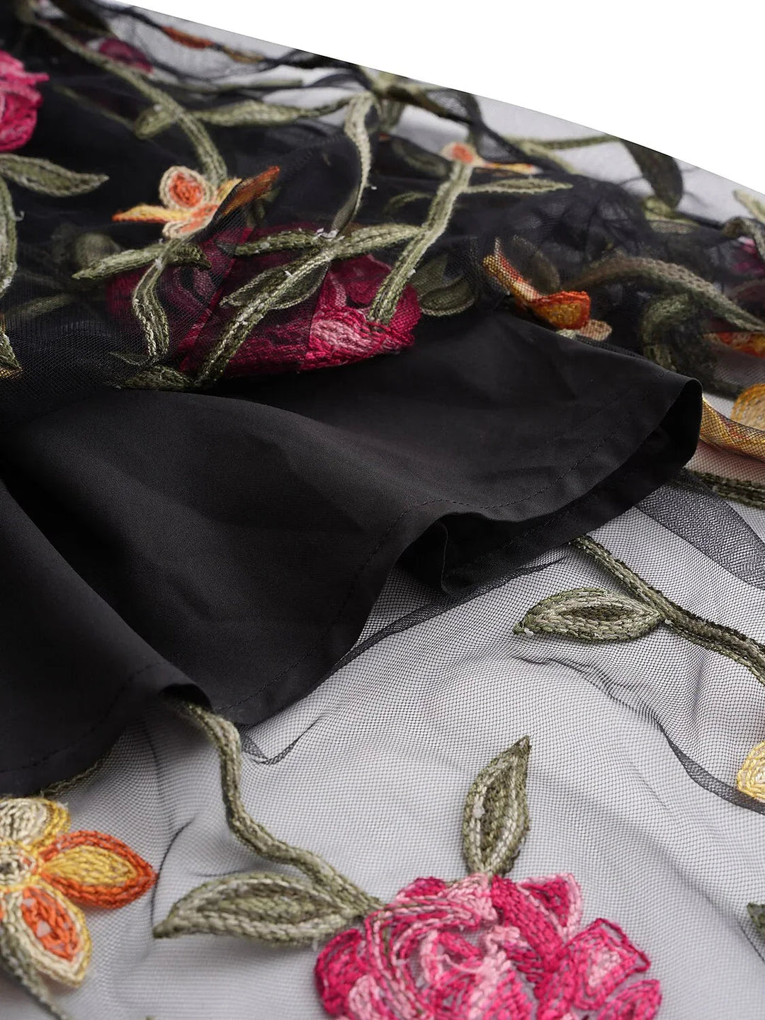 Floral Embroidery Mesh Square Neck Maxi Dress