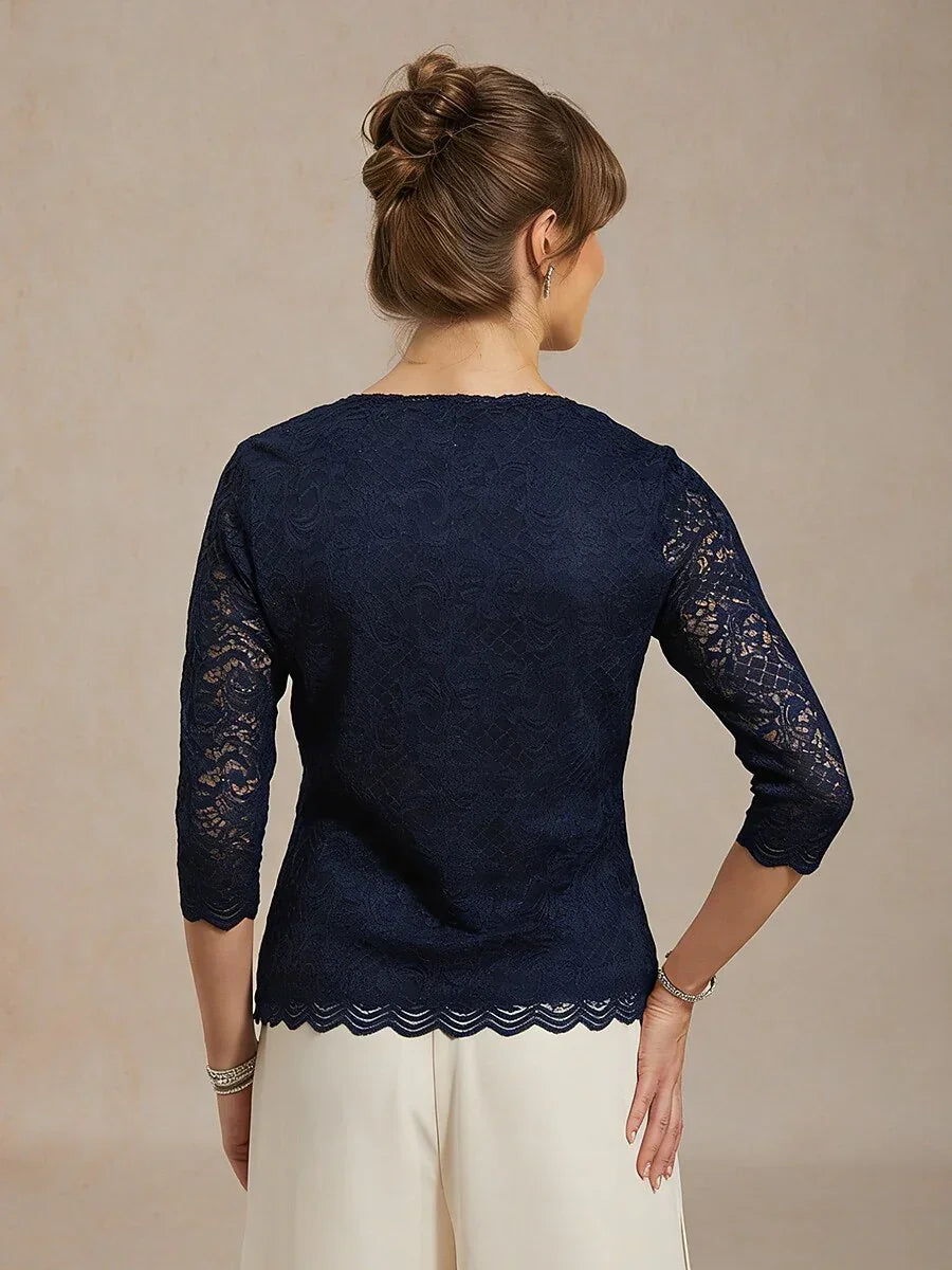 Vrouwelijke V-hals Stretch Kanten Top met Geschulpte Zoom