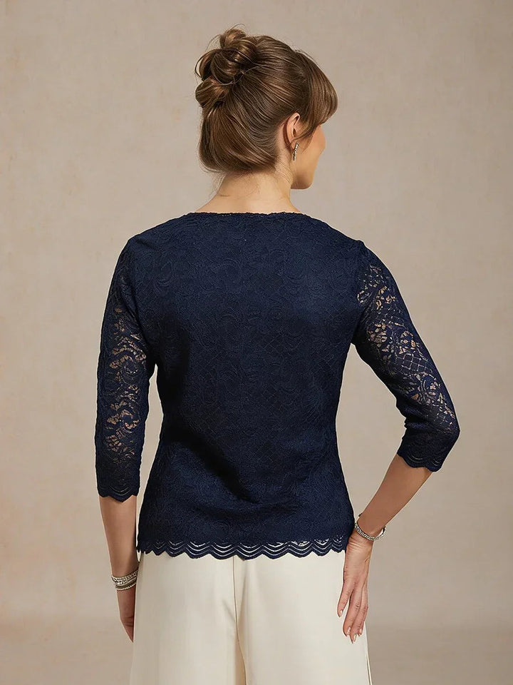 Vrouwelijke V-hals Stretch Kanten Top met Geschulpte Zoom