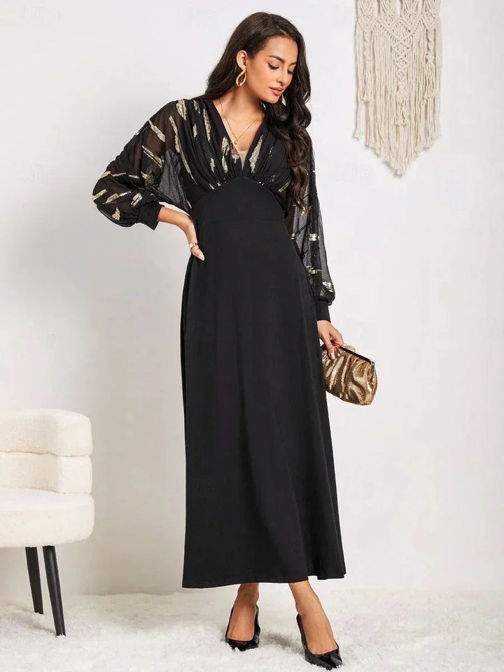 Zwarte Pailletten Maxi-jurk met Pofmouwen en Empire-taille