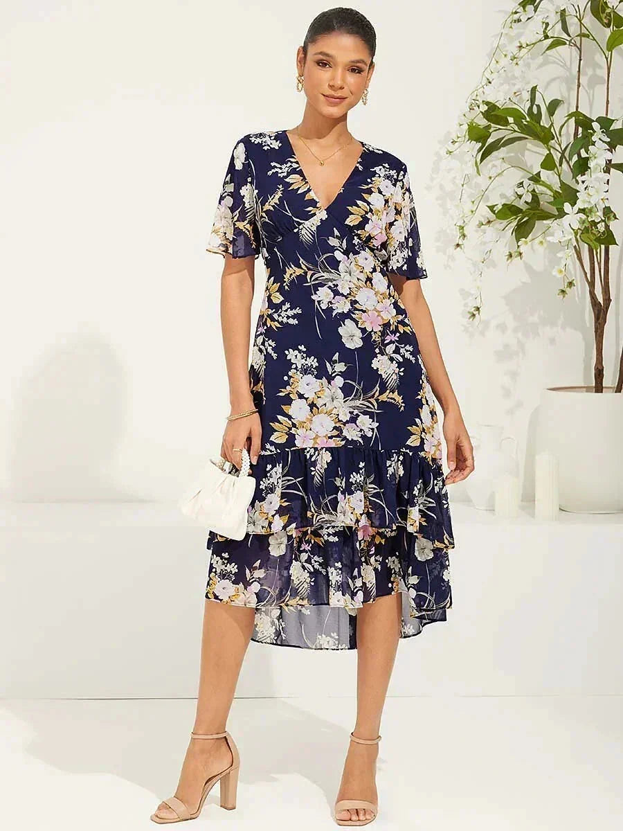 Bloemenchiffon V-hals Midi-jurk met Ruches