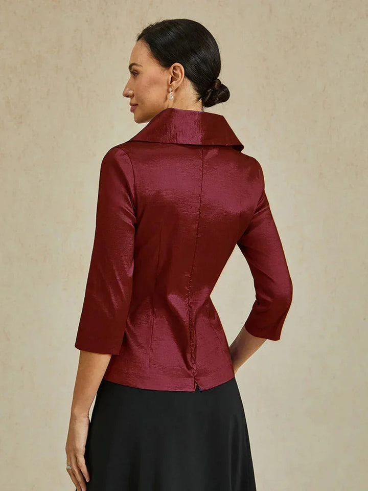3/4-Sleeve Stretch Taffeta Blouse with Belt Detail