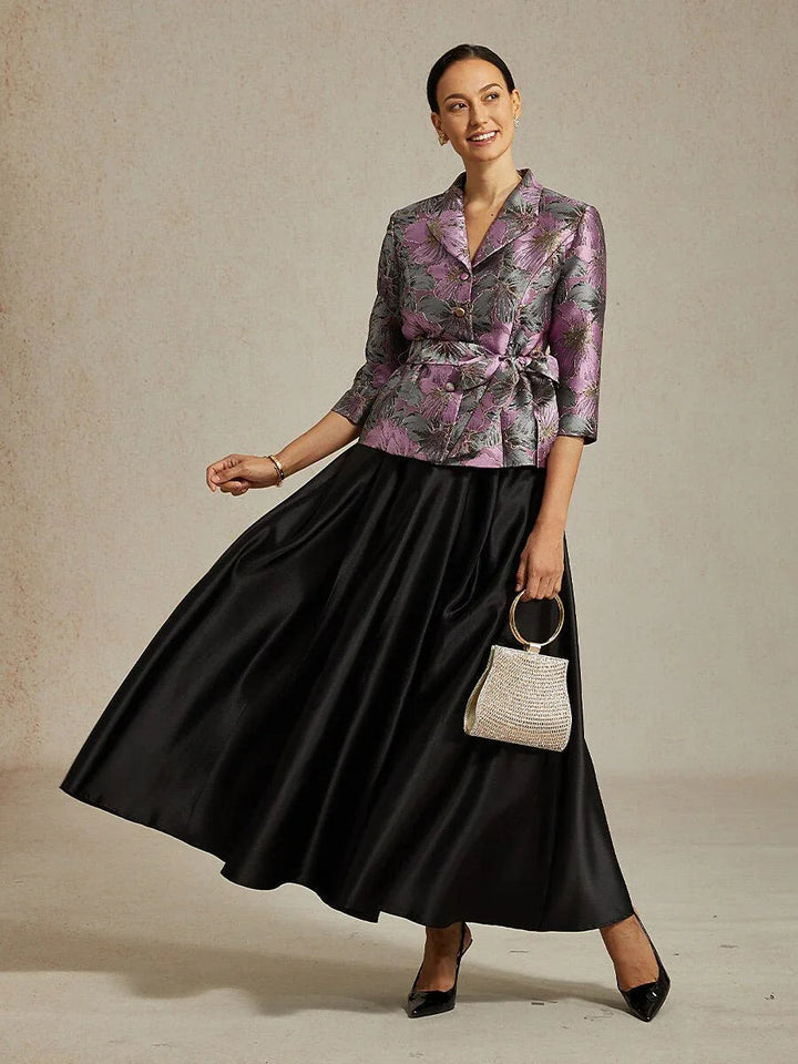3/4-Sleeve Floral Jacquard Blouse with Tie Belt