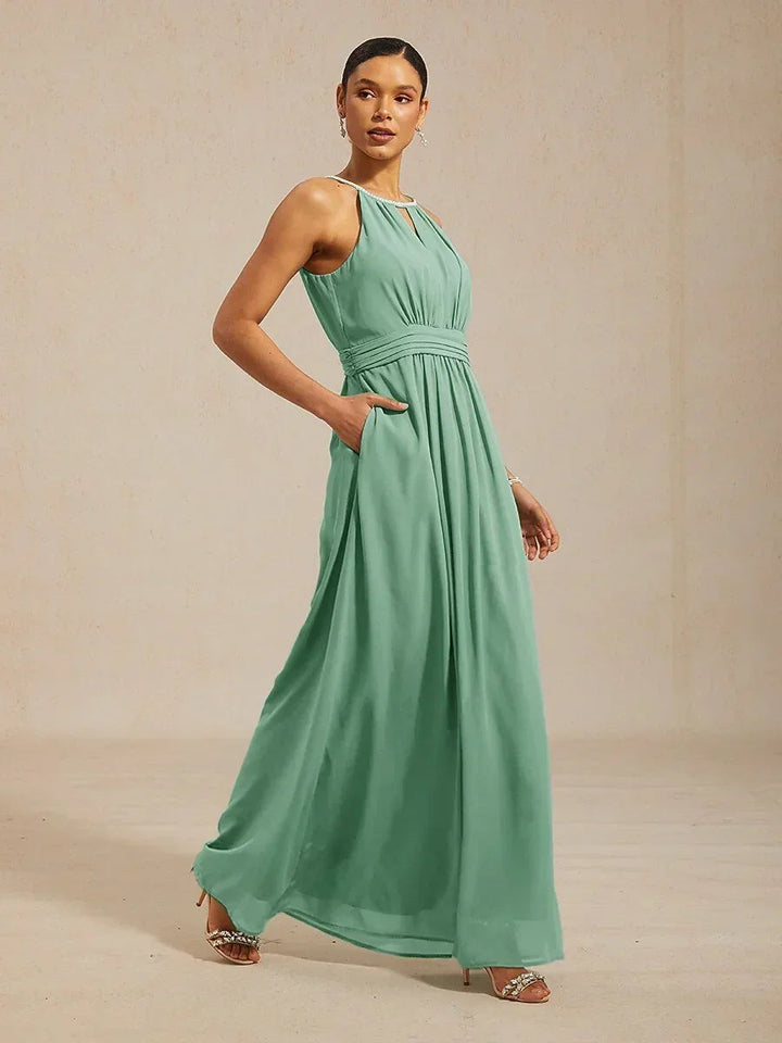 Chiffon Parel Halterhals Vloerlang Jurk met Kreukbestendig Chiffon