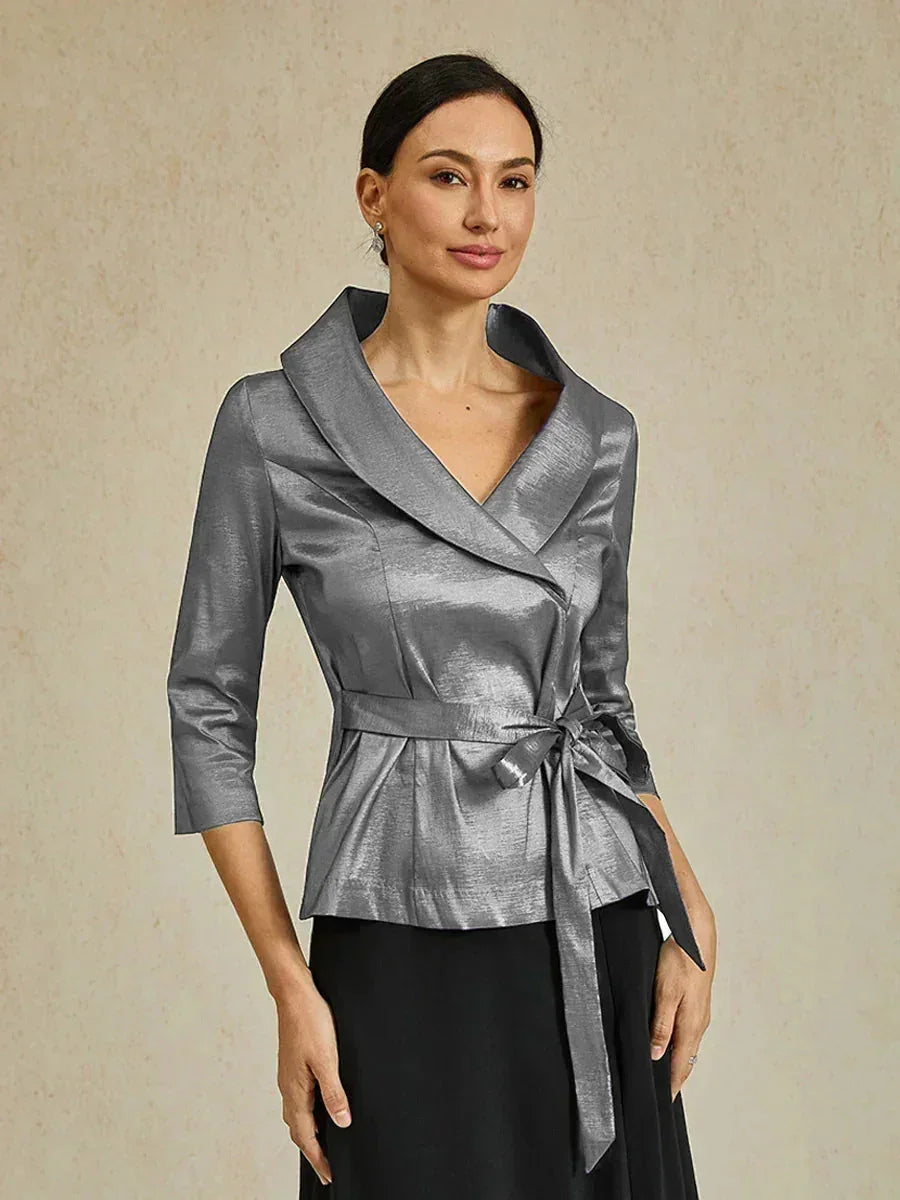3/4-Mouw Stretch-taffeta Blouse Met Strikdetail In De Taille