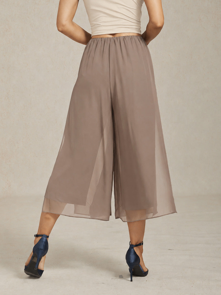 Cropped Length Straight Leg Pant With Chiffon Split Leg Overlay