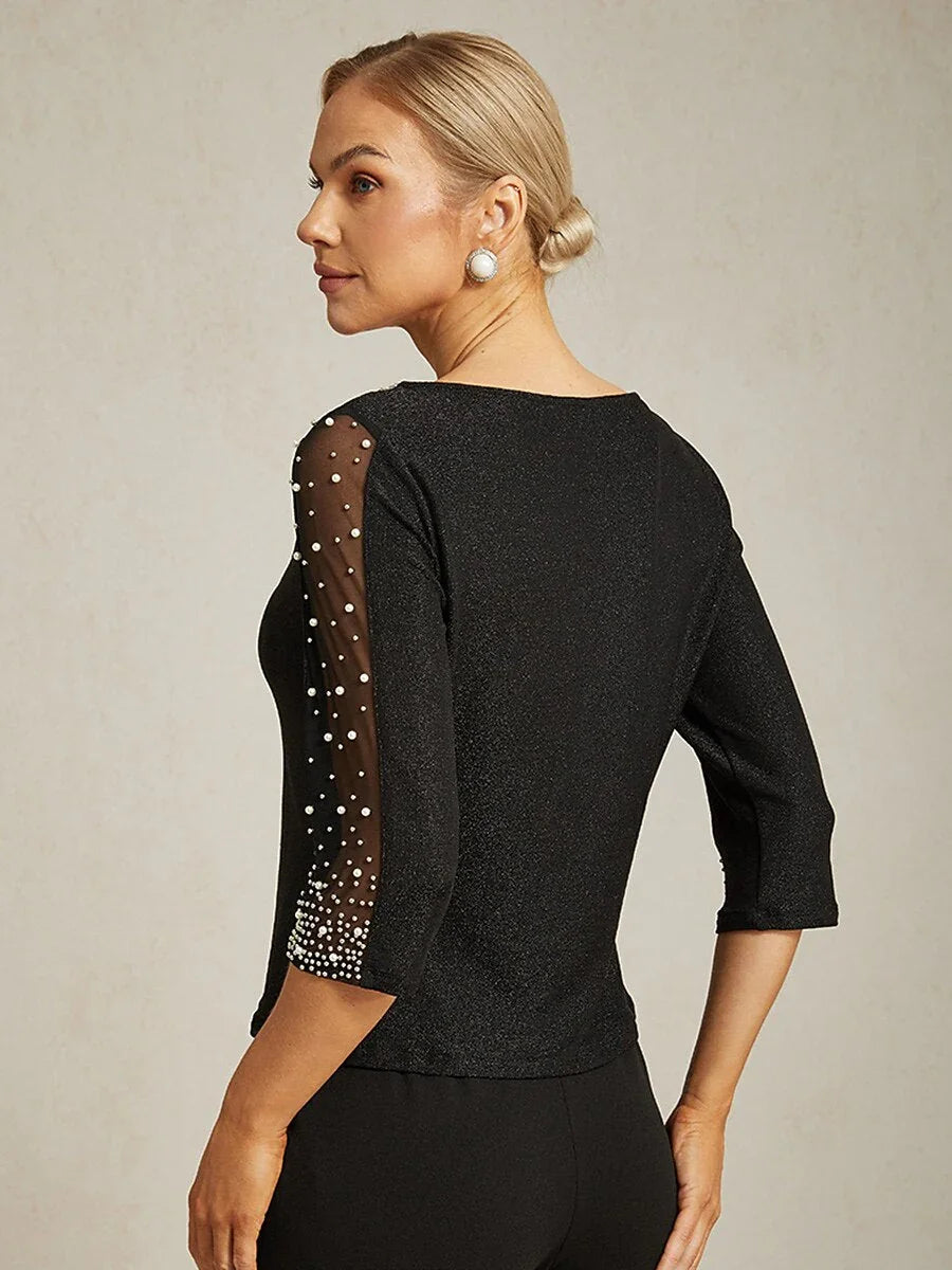 Met Kralen 3/4-Mouw Metallic Gebreide Blouse