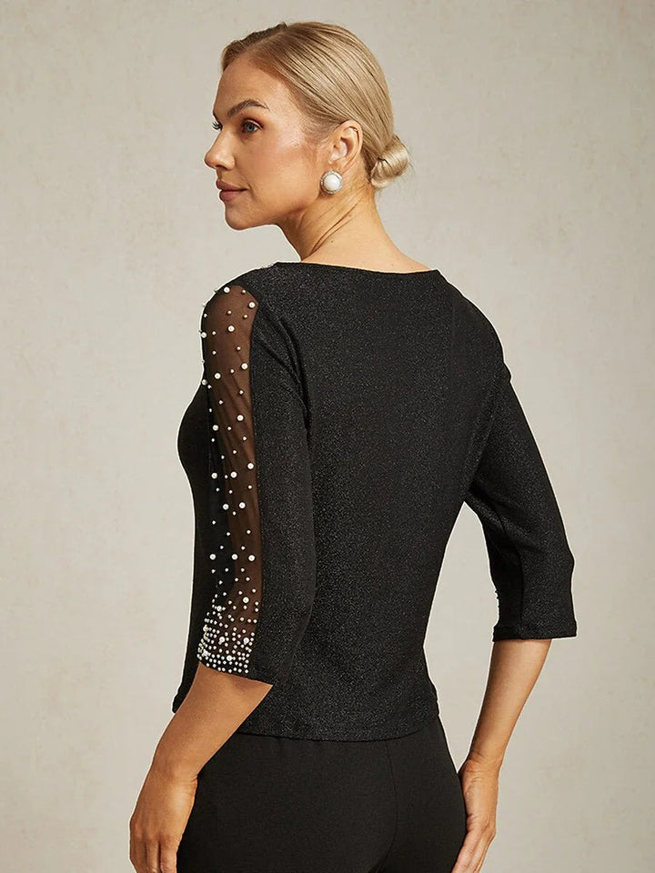 Met Kralen 3/4-Mouw Metallic Gebreide Blouse