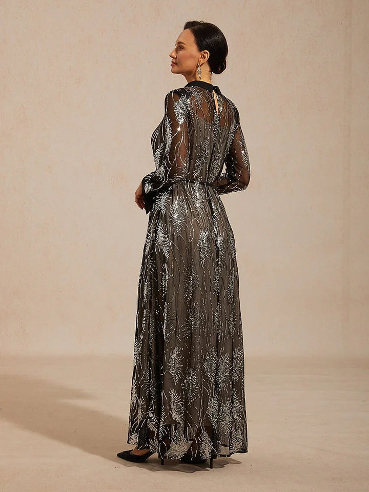 Sequin Mesh Overlay Dress with Crystal Button