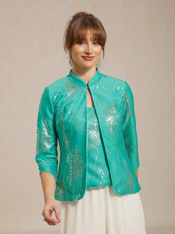 Elegant Pailletten-Twinset Met Mandarijnkraag