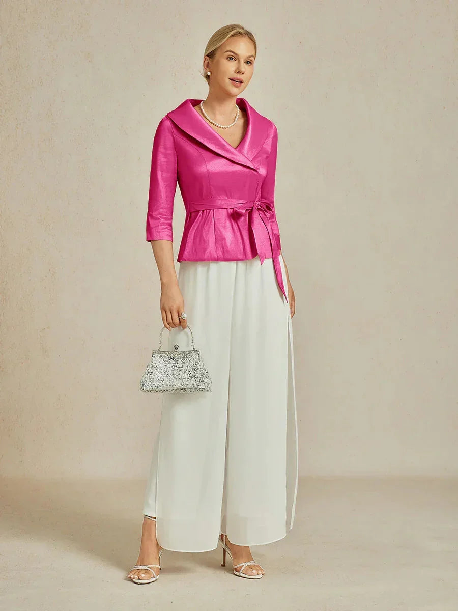 3/4 mouw stretch taffeta blouse met ceintuurdetail
