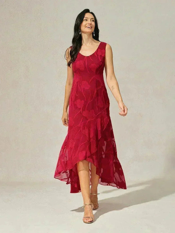 Bloemenchiffon Mouwloze Avondjurk met Asymmetrische Zoom