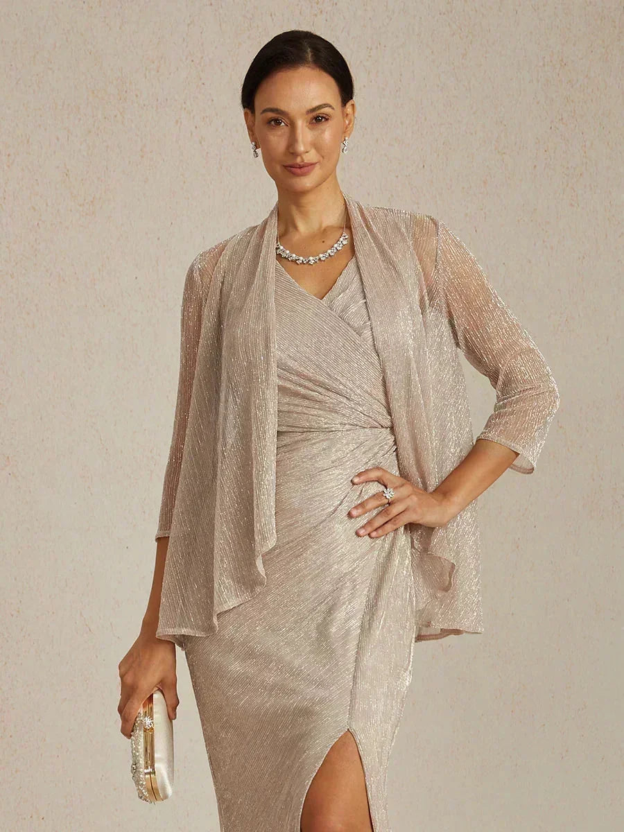 Metallic Geplooide Chiffon Lange Jas Met Gelaagd Ontwerp