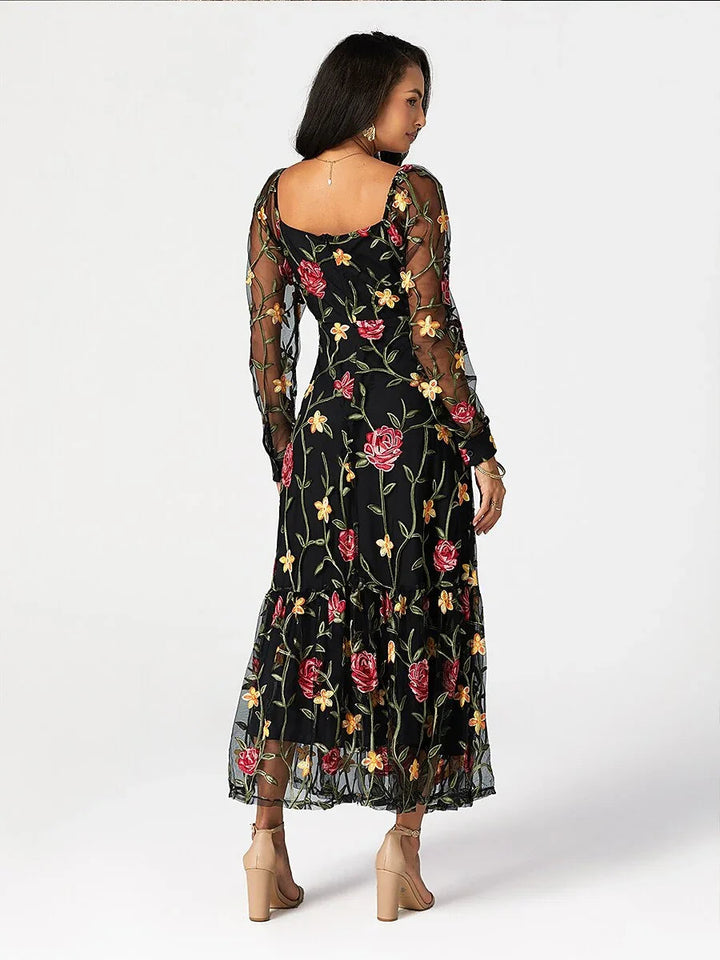 Floral Embroidery Mesh Square Neck Maxi Dress