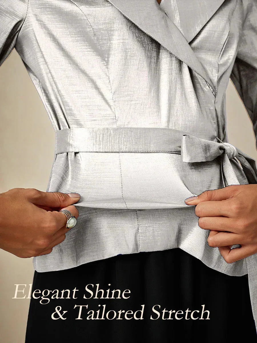 3/4-Sleeve Stretch Taffeta Blouse with Belt Detail