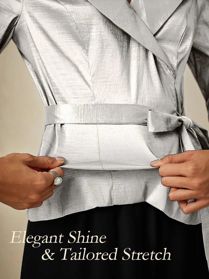 3/4-Sleeve Stretch Taffeta Blouse with Belt Detail