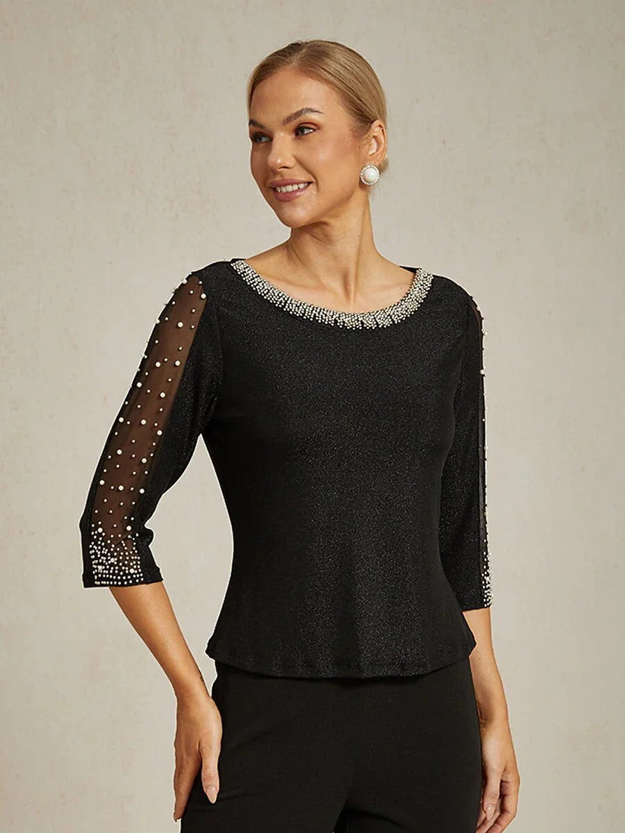 Met Kralen 3/4-Mouw Metallic Gebreide Blouse