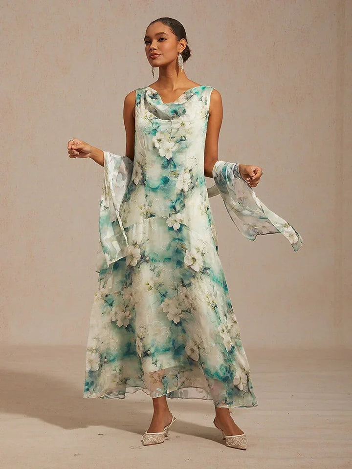 Bloemenprint jurk met col, theelange en volantzoom