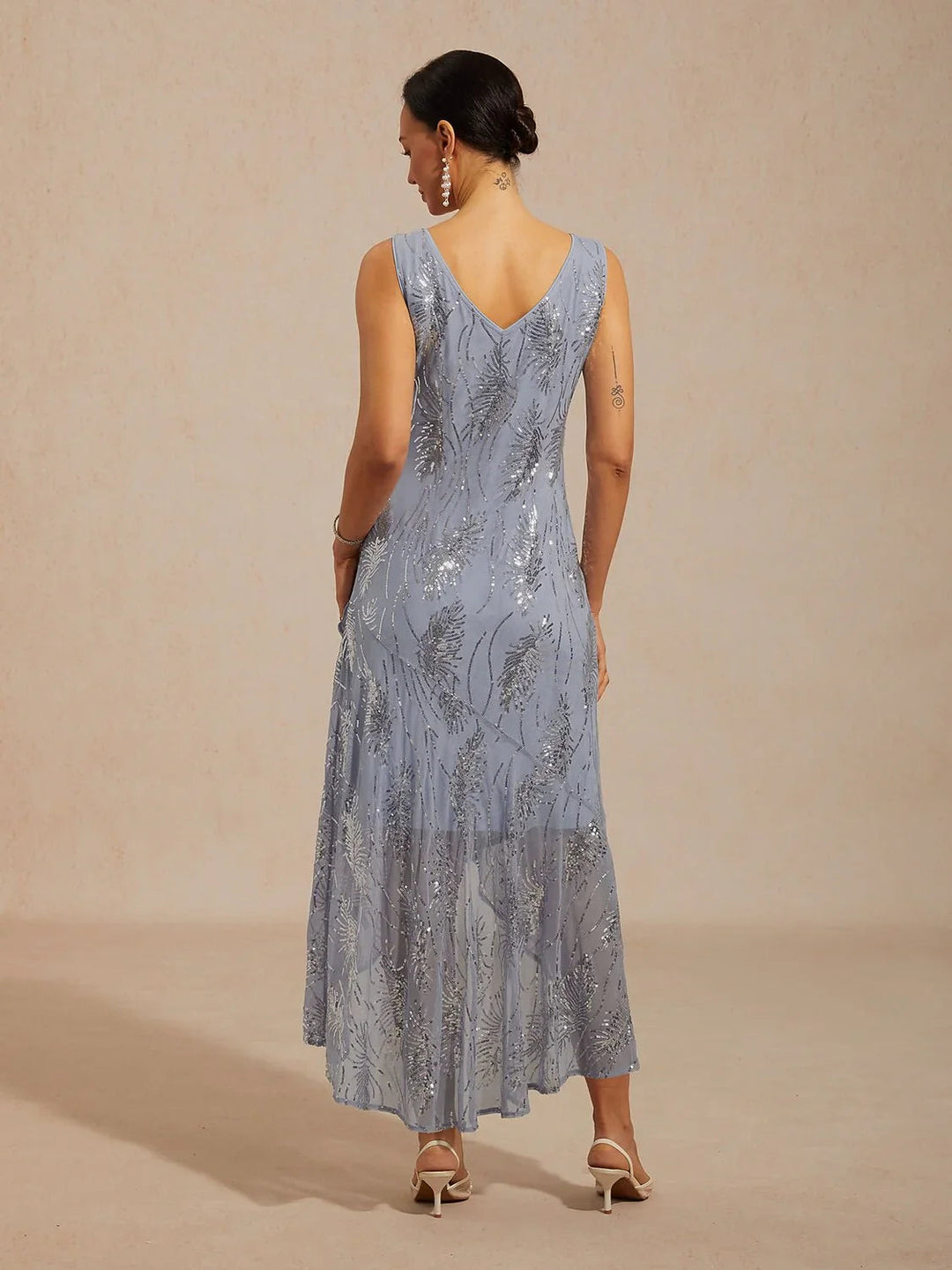 Sleeveless A-Line Maxi Dress with Mesh Sequin