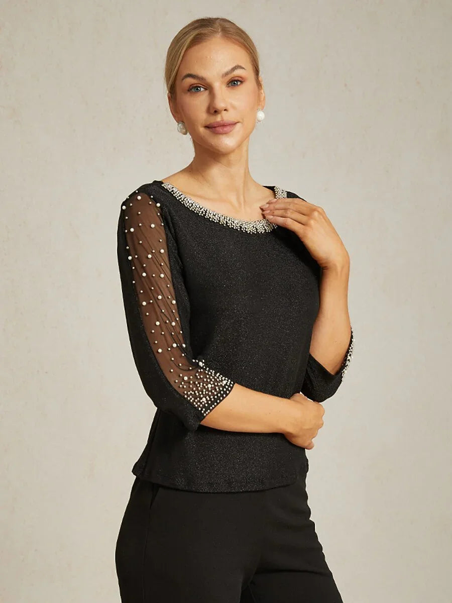 Met Kralen 3/4-Mouw Metallic Gebreide Blouse