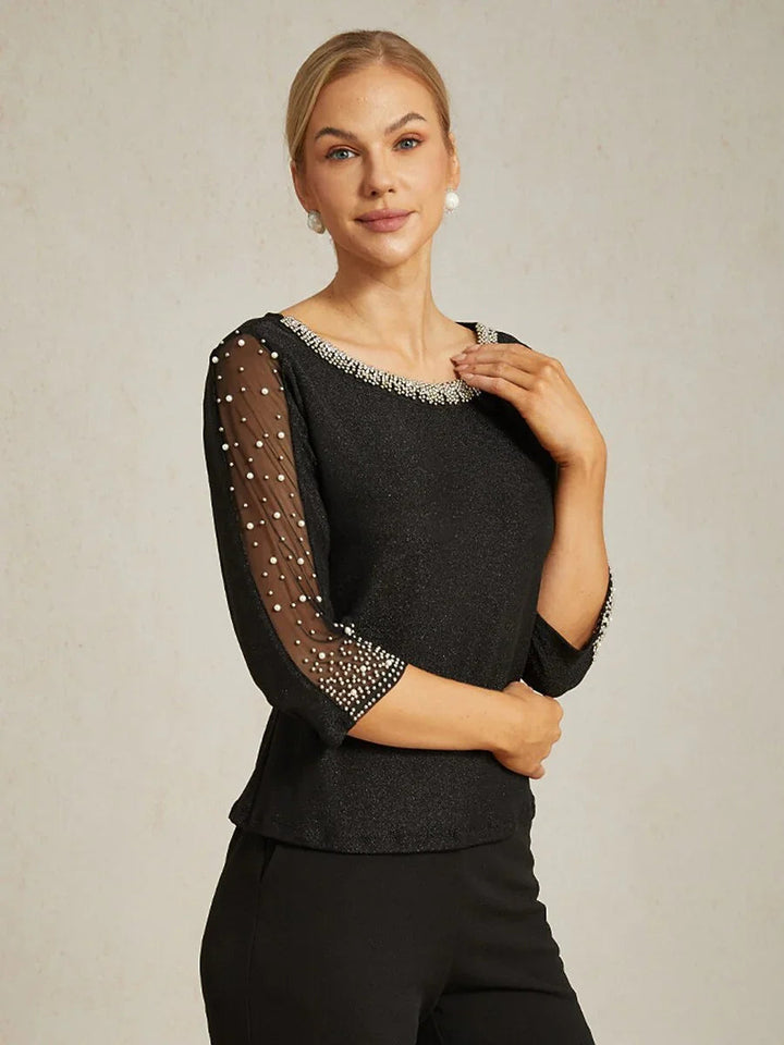 Met Kralen 3/4-Mouw Metallic Gebreide Blouse