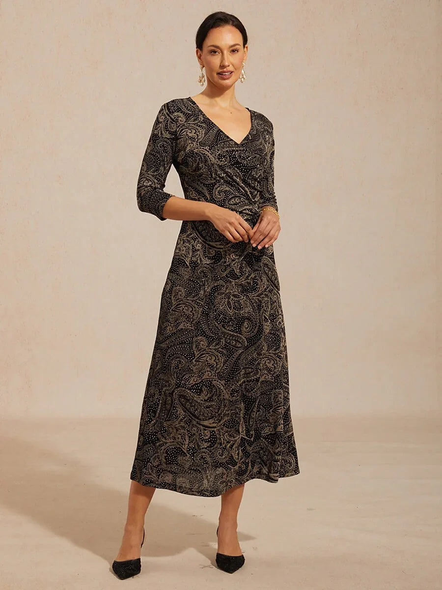 Paisley V-Hals A-Lijn Gebreide Jurk met Taille-Twist