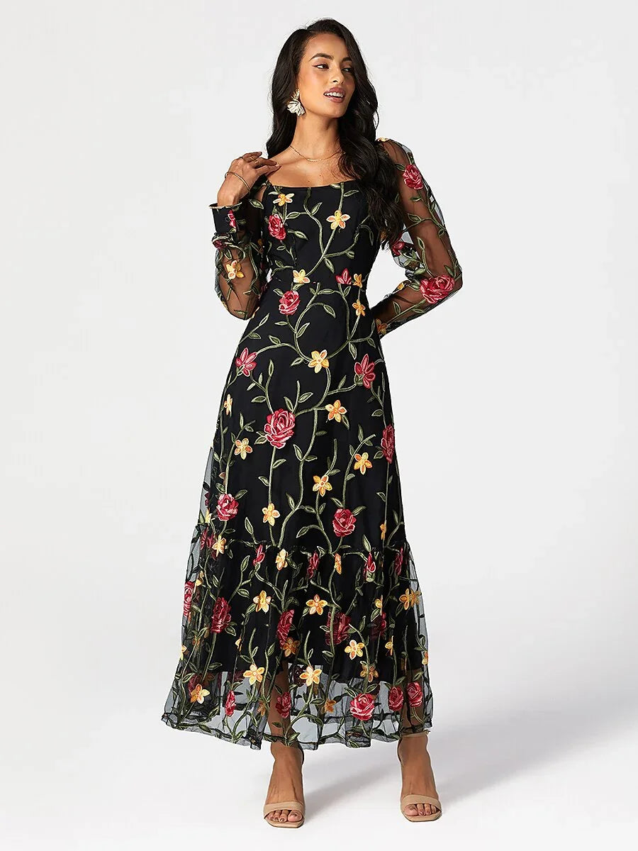 Floral Embroidery Mesh Square Neck Maxi Dress