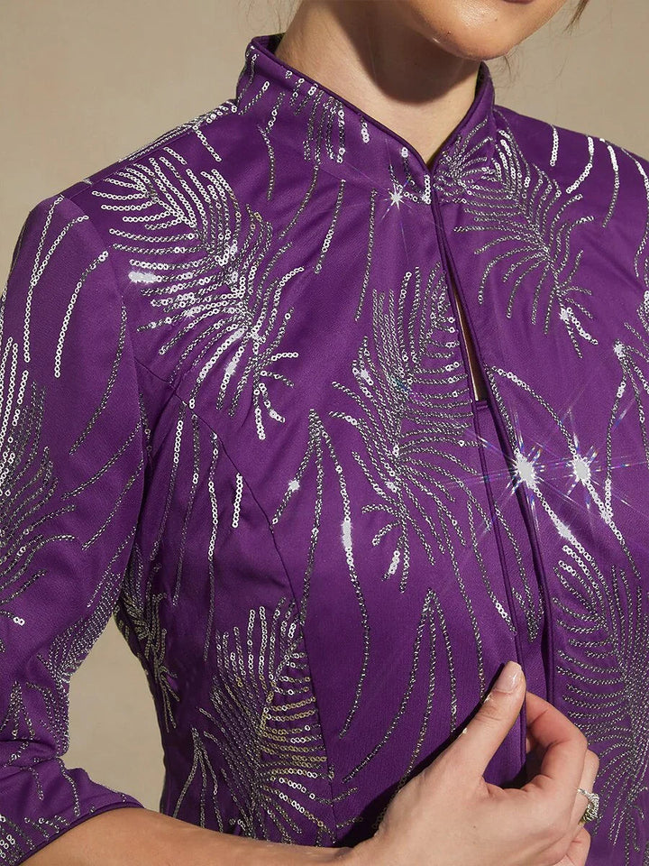 Elegant Pailletten-Twinset Met Mandarijnkraag