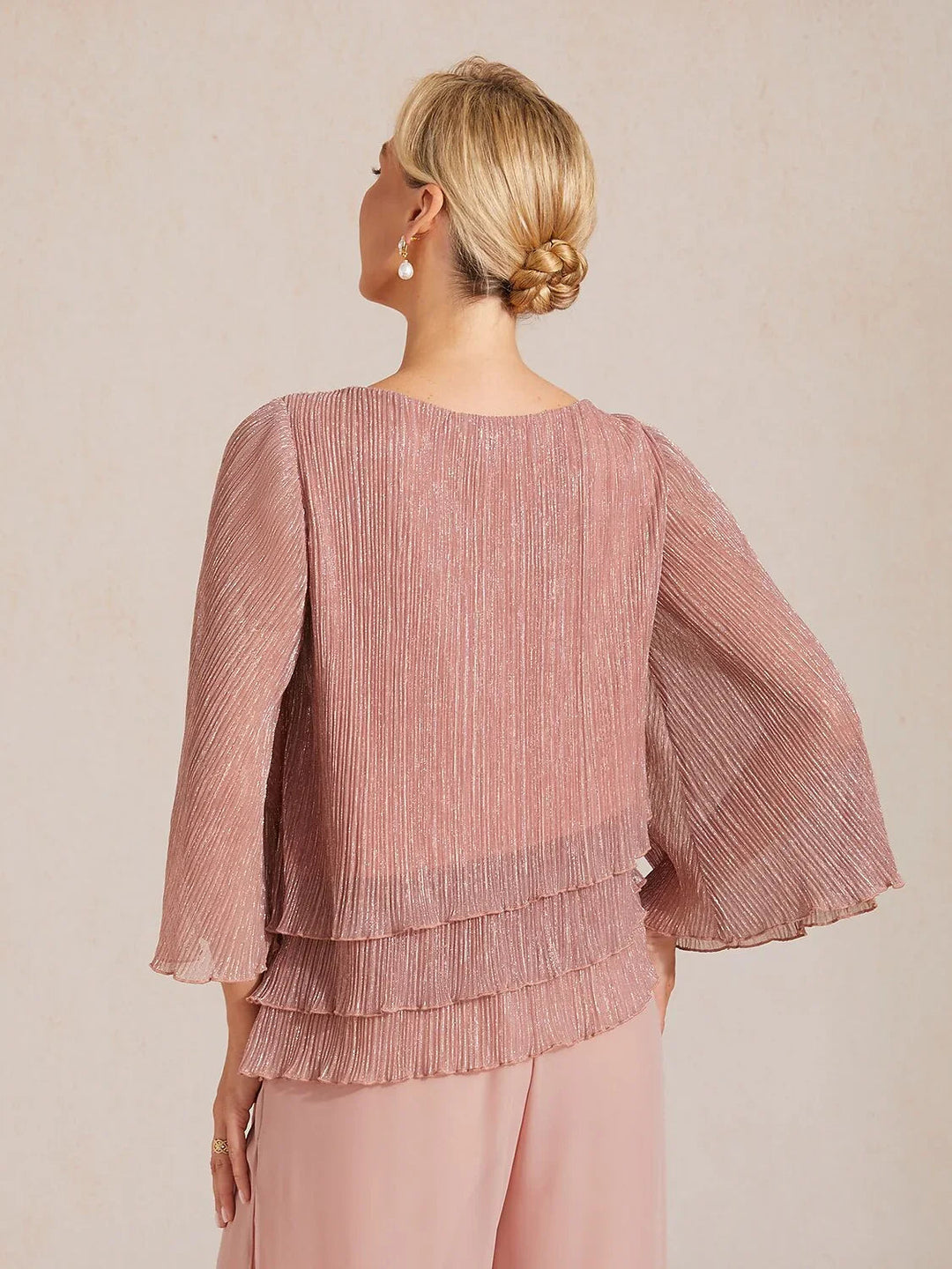 Metallische Geplooide Chiffon Asymmetrische Gelaagde Blouse