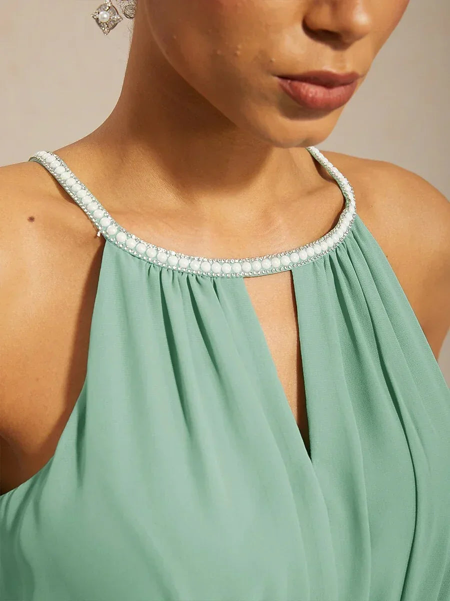 Chiffon Parel Halterhals Vloerlang Jurk met Kreukbestendig Chiffon